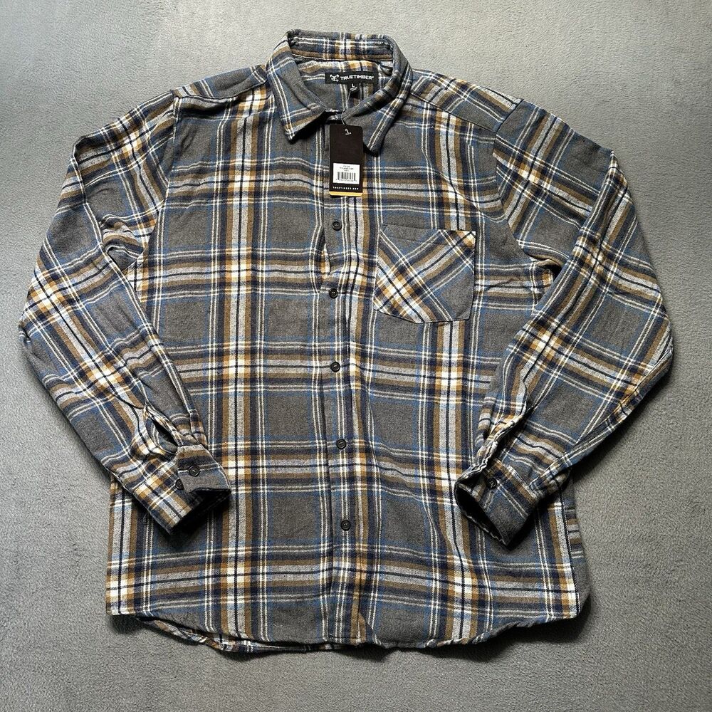 TrueTimber Mens Large Flannel Shirt Gray Brown Blue Plaid Button Up Outdoor NWT
